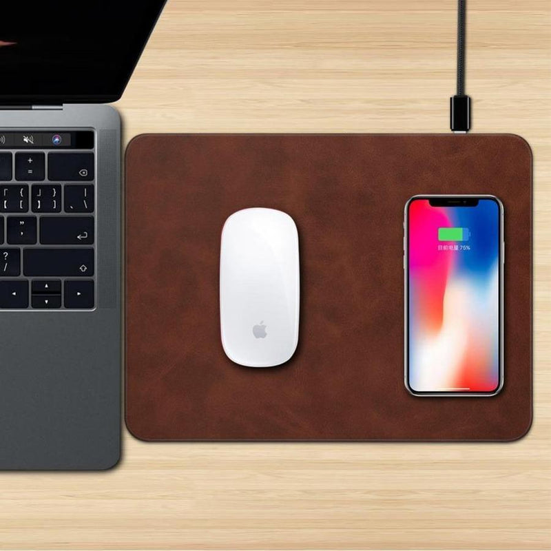 2 in 1 Leather Mouse Pad & Qi Wireless Charger Dark Brown The Ambiguous Otter