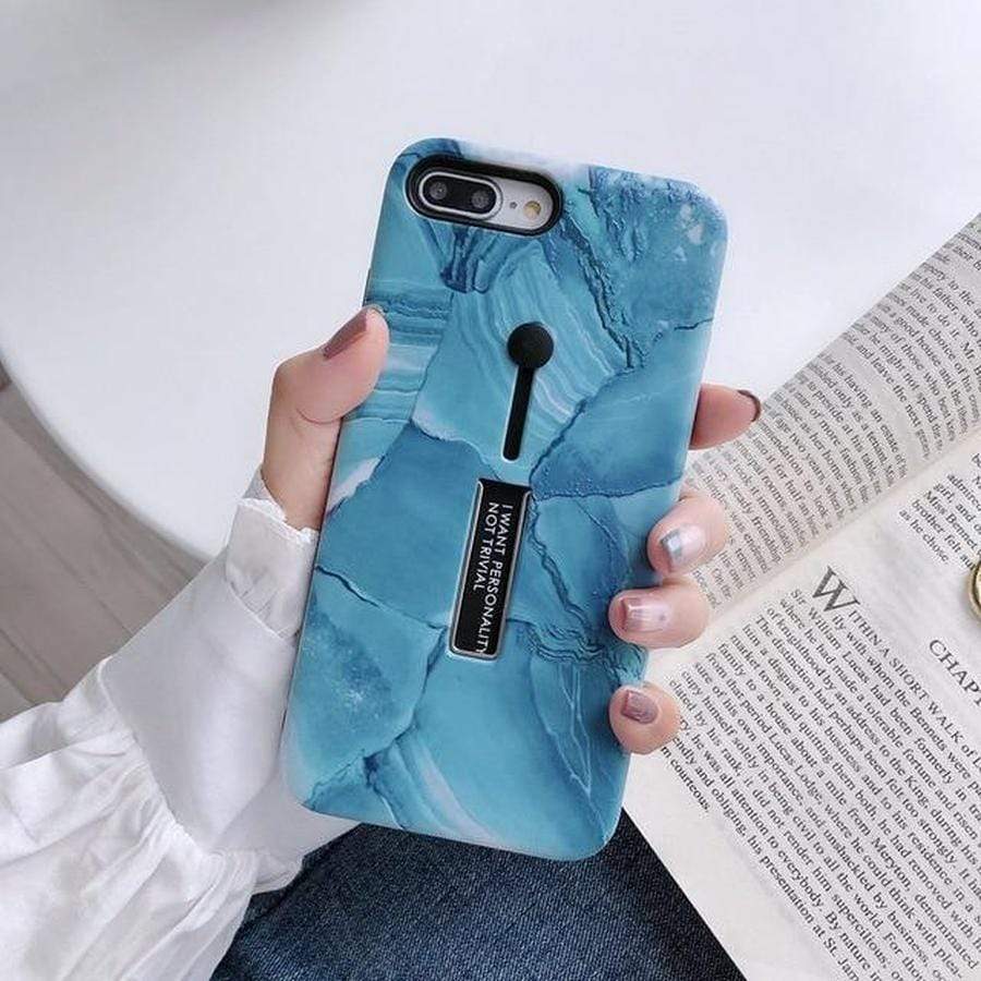 IPhone Case With Finger Loop Ring Stand Grip Aqua Marble 