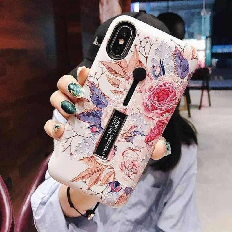 3 in 1 Kickstand + Finger Loop iPhone Case For iPhone XR / Z2 flower with leaf The Ambiguous Otter