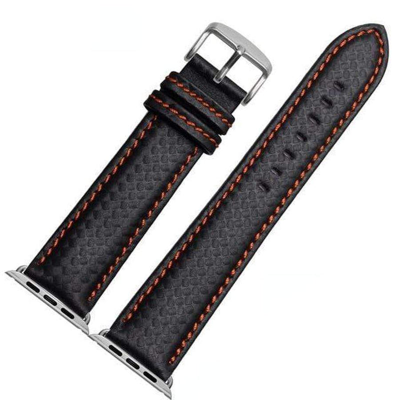 Bond Apple Watch Carbon Fiber Leather Band Orange Stitch | Silver Buckle / 42mm | 44mm The Ambiguous Otter