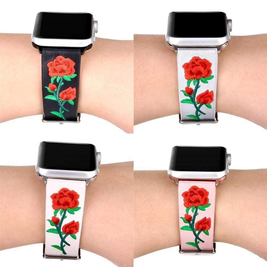 Floral Flower Watchband Embroidery Faux Pu Leather Silver Buckle 7 6 5 –  www.