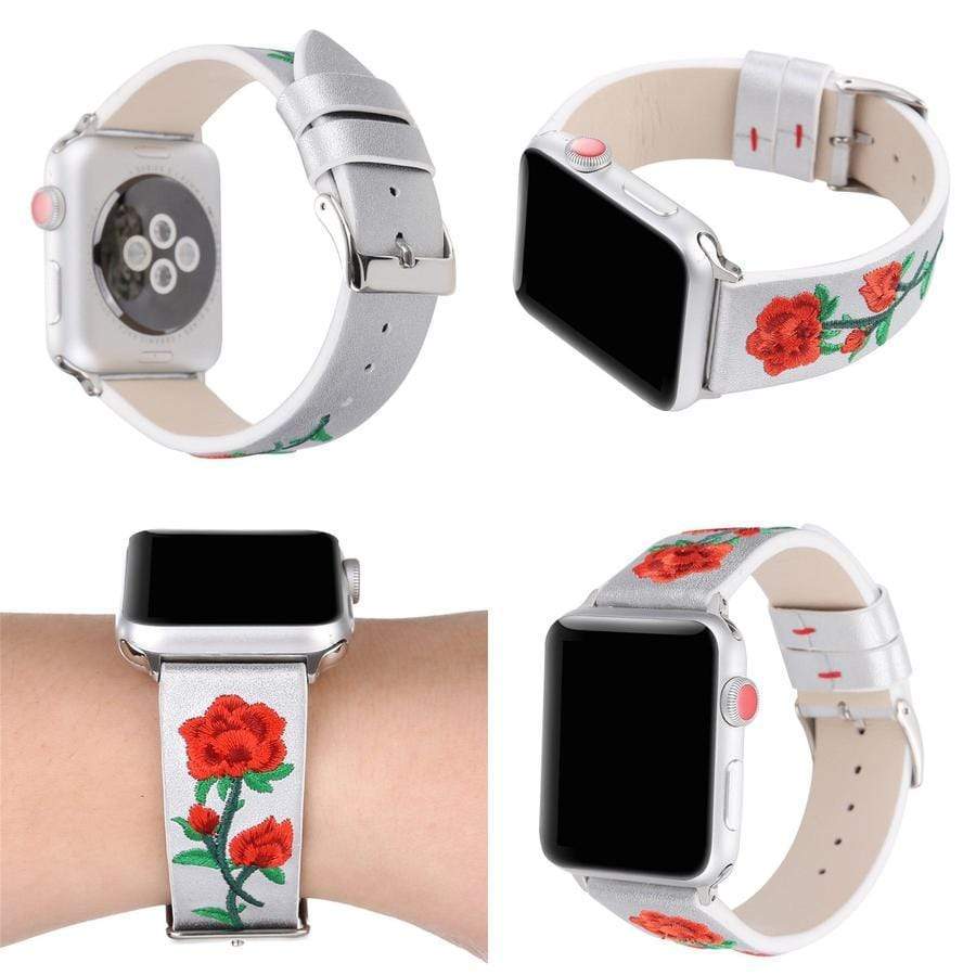 Floral Embroidered Apple Watch Leather Band The Ambiguous Otter